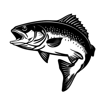 A striking black and white illustration of a fish leaping from water, capturing the beauty of nature and animal movement in an artistic way.のイラスト素材