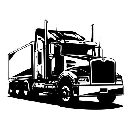Black and white detailed illustration of a large truck with a cargo trailer shown in profile view, ideal for transportation and logistics themes.のイラスト素材