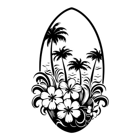 This artistic illustration features a surfboard design adorned with palm trees and flowers, embodying the carefree spirit of tropical summer adventures.のイラスト素材
