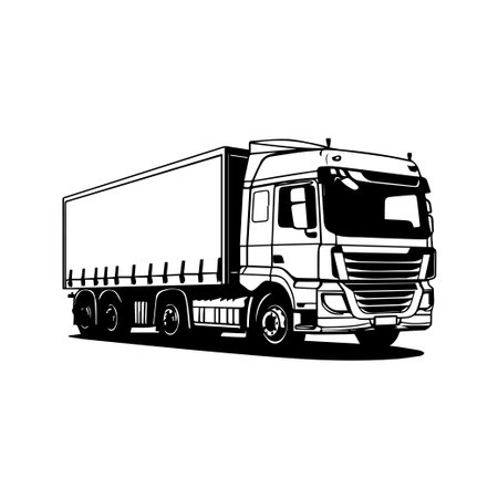 This detailed black and white illustration showcases a modern delivery truck from a side view, emphasizing its design and utility in logistics.のイラスト素材