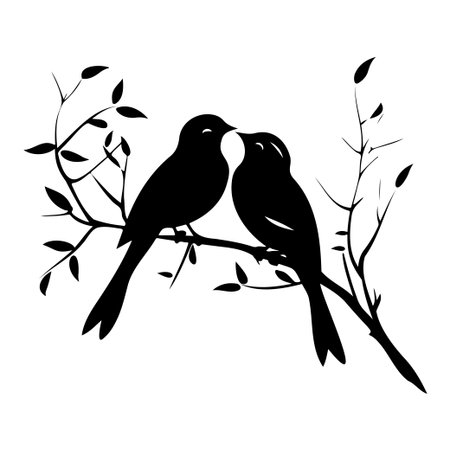 This artwork features a romantic silhouette of two birds kissing on a branch, surrounded by delicate leaves, embodying love and tenderness.のイラスト素材