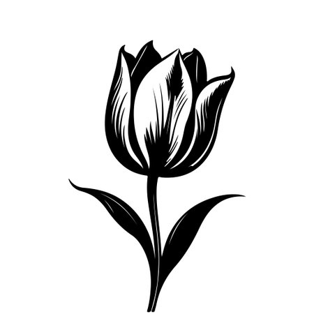 A striking black and white illustration of a single tulip flower. This elegant design features detailed petals and leaves, perfect for various artistic projects.のイラスト素材