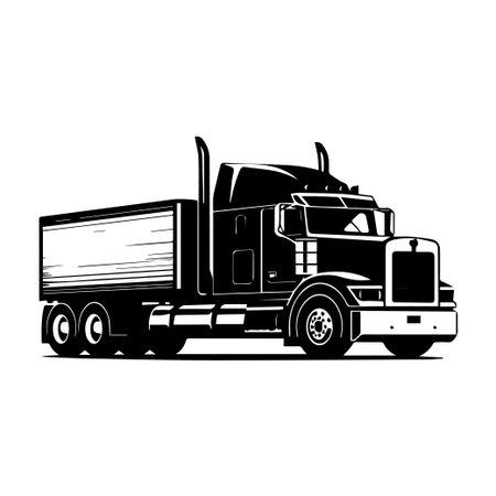 A striking black and white illustration of a heavy-duty truck featuring a flatbed trailer, perfect for transportation and logistics themes.のイラスト素材