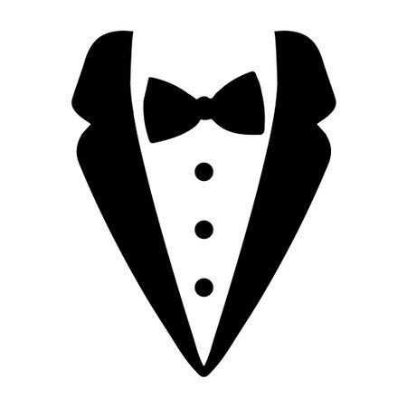 This elegant black tuxedo silhouette showcases a timeless design featuring a bow tie and classic buttons, ideal for weddings, galas, or formal events.のイラスト素材