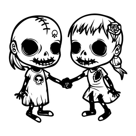 Charming illustration of two cute cartoon skeleton characters holding hands. Perfect for Halloween, Day of the Dead, or playful art themes.のイラスト素材