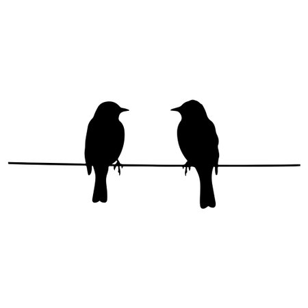 This minimalist silhouette showcases two birds perched on a wire, evoking themes of tranquility and connection to nature in a striking design.のイラスト素材