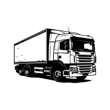 A striking black and white illustration of a delivery truck, perfect for showcasing transportation themes in logistics and freight services.のイラスト素材