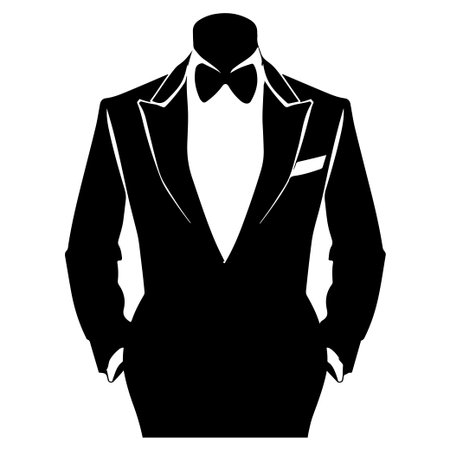 This elegant black tuxedo silhouette features a classic bow tie and shawl collar, perfect for illustrating formal occasions and stylish attire.のイラスト素材
