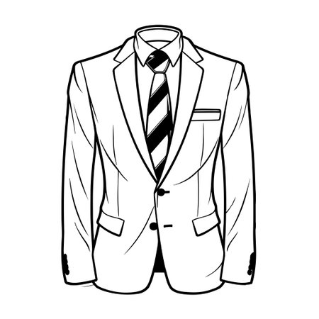 Monochrome illustration of a stylish formal suit featuring a jacket, tie, and shirt. Perfect for fashion design, presentations, and professional uses.のイラスト素材