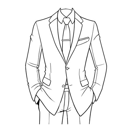 This minimalistic illustration showcases a classic suit and tie on a man, ideal for fashion concepts, design templates, and elegant projects.のイラスト素材