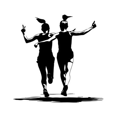 Two women jogging together in a cheerful silhouette, embodying the spirit of friendship and fitness while enjoying a healthy lifestyle outdoors.のイラスト素材