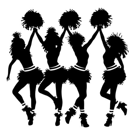 Four cheerful silhouettes of cheerleaders raise their pom-poms in celebration. This energetic image captures moments of teamwork and spirit in motion.のイラスト素材