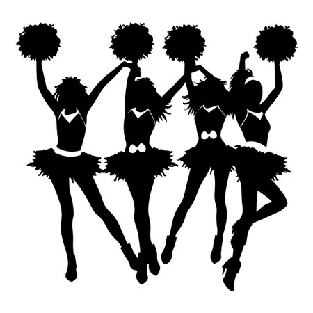 This illustration features a group of cheerleaders in dynamic poses holding pom poms, captured in striking black and white silhouette style, ideal for sports themes.のイラスト素材