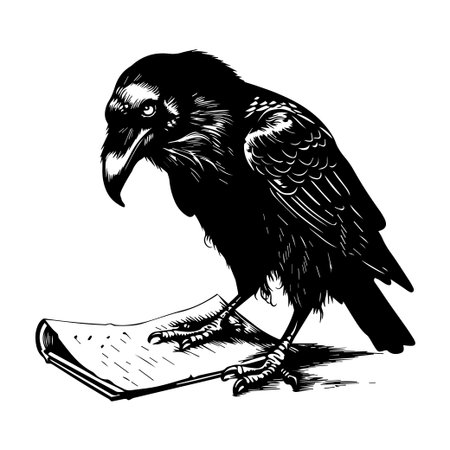 A stunning engraving of a raven perched on a scroll, showcasing fine details in black and white. Ideal for creative projects, literature themes.のイラスト素材
