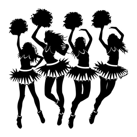 This striking silhouette features four energetic cheerleaders in various poses, showcasing their vibrant spirit and teamwork during a performance.のイラスト素材