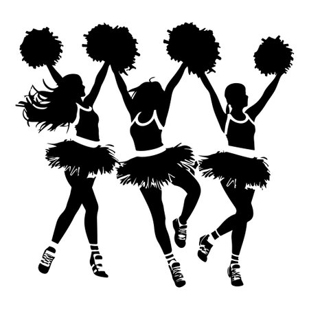 A lively silhouette illustration of three cheerleaders joyfully jumping with pom-poms in hand, showcasing teamwork and enthusiasm for sports.のイラスト素材