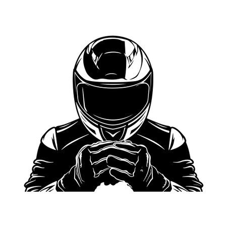 This striking black and white silhouette of a motorcycle racer illustrates intense focus and energy, perfect for capturing the spirit of motorsport.のイラスト素材