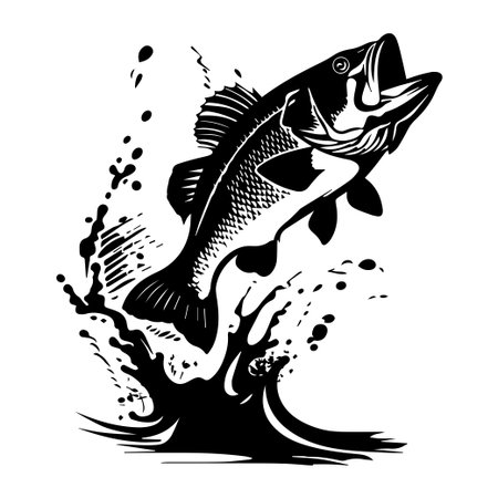 A striking black and white illustration of a bass fish leaping out of water, surrounded by dynamic...