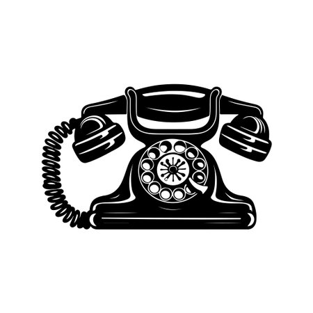 This vintage rotary telephone icon features a distinct black and white illustration. It represents classic communication technology and evokes nostalgia.のイラスト素材