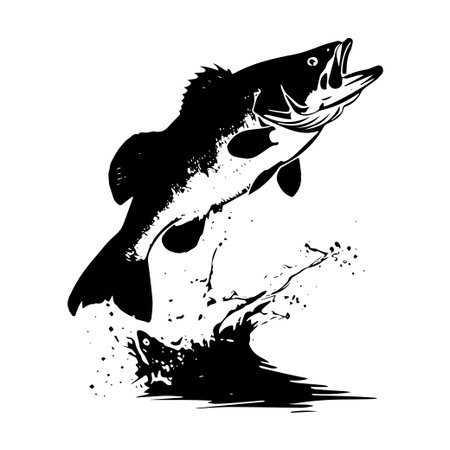 This black and white illustration captures the dynamic movement of a leaping fish, highlighting the energy of aquatic life with a dramatic splash and motion.のイラスト素材