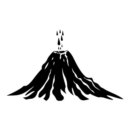 Bold silhouette of an erupting volcano showcases flowing lava and rain droplets, creating a striking natural scene with dramatic effects.のイラスト素材