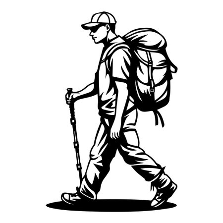 An artistic black and white illustration of a man hiking with a backpack and walking stick, embodying the spirit of outdoor adventures and exploration.のイラスト素材