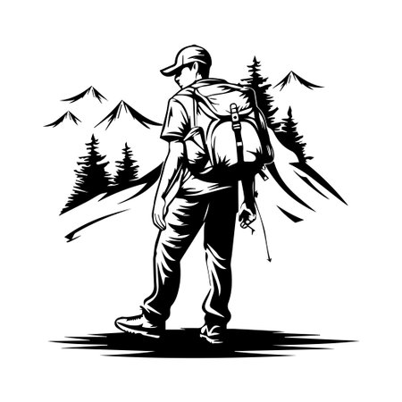 A striking black and white illustration of a hiker with a backpack, pausing to take in a stunning mountain landscape, symbolizing adventure and exploration.のイラスト素材