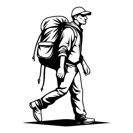 A black and white illustration of a hiker with a large backpack walking on a trail, evoking a sense of adventure and outdoor exploration.のイラスト素材