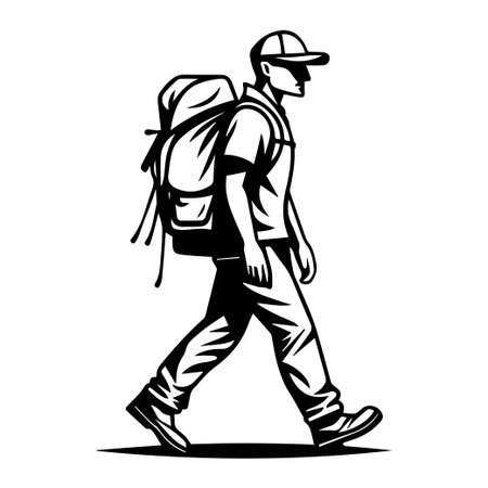 This illustration features a man walking with a backpack, capturing a spirit of adventure and exploration in a minimalist design style.のイラスト素材