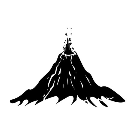 A striking black silhouette of a volcano erupting, showcasing a dramatic ash cloud and flowing lava, ideal for representing natural disasters or geological phenomena.のイラスト素材