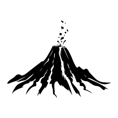 This striking illustration features a black silhouette of an erupting volcano, showcasing flowing lava and rising ash clouds. Ideal for nature themes.のイラスト素材