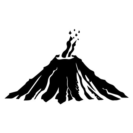 A striking black and white silhouette of a volcano erupting with smoke and lava, perfect for educational materials or creative projects.のイラスト素材