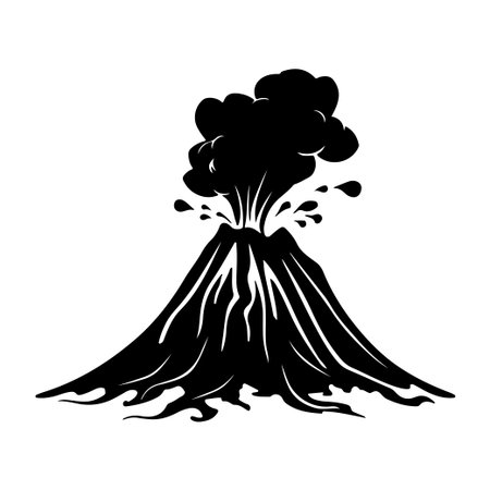 This striking black silhouette of an erupting volcano features ash clouds and flowing lava, perfect for creative designs and impactful visual projects.のイラスト素材