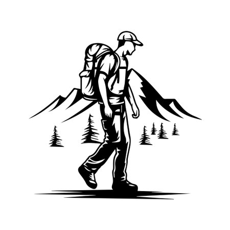Black and white illustration of a hiker with a backpack walking in a mountainous landscape, surrounded by trees, symbolizing adventure and exploration.のイラスト素材