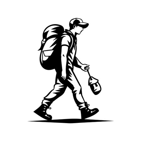 This black and white vector illustration depicts a hiker walking on a trail, emphasizing adventure and outdoor exploration with a backpack and gear.のイラスト素材