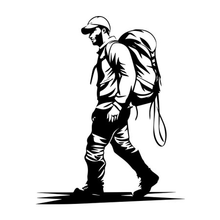 This detailed black and white silhouette shows a male hiker walking on a trail with a backpack, representing adventure and outdoor exploration beautifully.のイラスト素材