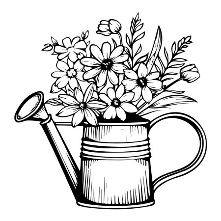 This black and white illustration captures a watering can filled with an array of beautiful flowers, embodying the essence of gardening and nature.のイラスト素材