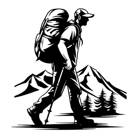 A striking black and white silhouette of a man hiking through mountains, showcasing the spirit of adventure, exploration, and connection to nature.のイラスト素材