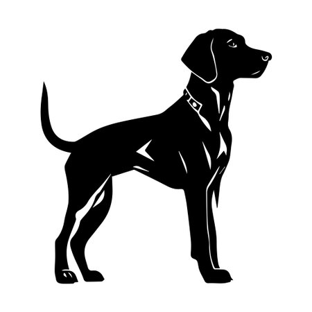 This image features a sleek black silhouette of a standing dog with a collar, perfect for pet-themed graphics, logos, and artistic projects.のイラスト素材