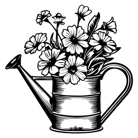 This charming vintage watering can overflows with vibrant blooming flowers, adding a touch of nature and elegance to any garden or home space.のイラスト素材