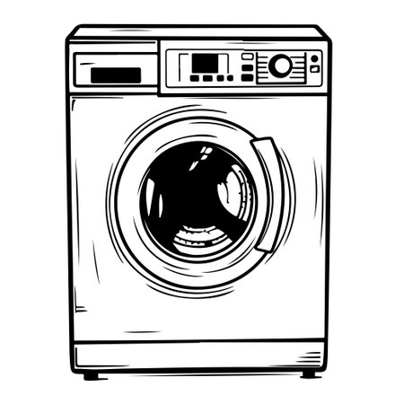 This illustration features a modern front-loading washing machine, showcasing its transparent door and sleek design, ideal for home laundry tasks.のイラスト素材