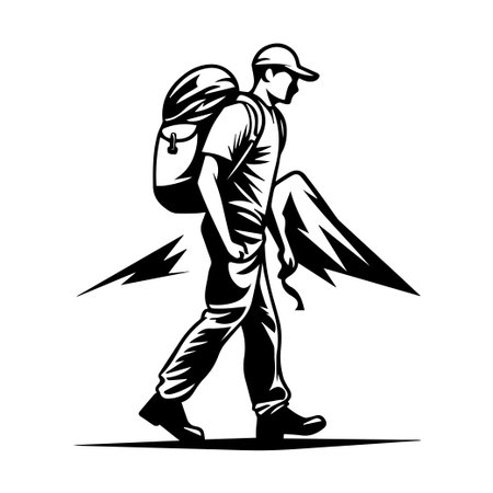 A black and white illustration of a hiker walking with a backpack through a mountainous landscape, symbolizing adventure and exploration in nature.のイラスト素材