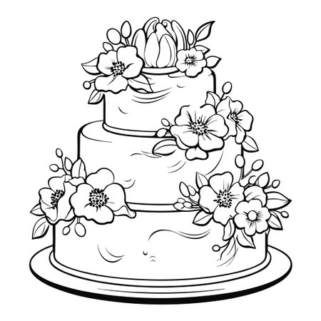 This detailed illustration features an elegant three-tier cake adorned with stunning flowers and leaves, perfect for any celebration.のイラスト素材