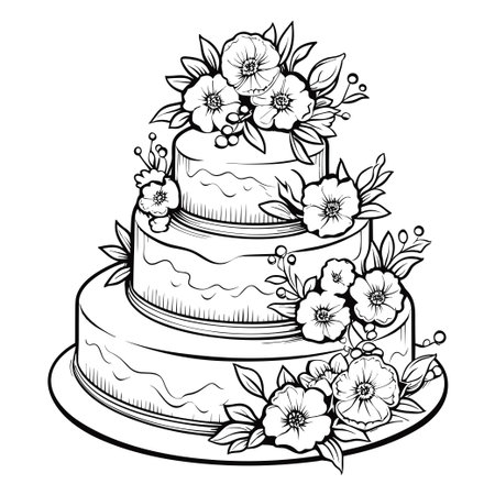A stunning illustration of a three-tiered wedding cake beautifully decorated with a variety of flowers, perfect for event planning or design inspiration.のイラスト素材