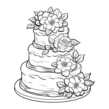 An elegant illustration of a three-tier cake adorned with beautiful floral decorations, ideal for weddings and special celebrations.のイラスト素材