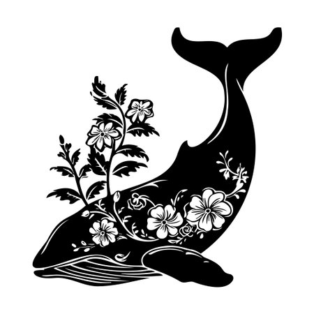 Captivating whale silhouette featuring intricate floral elements, perfect for decor or as a unique piece for marine art lovers and eco-conscious enthusiasts.のイラスト素材