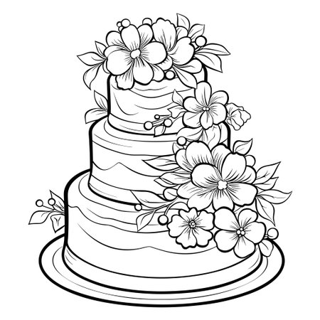 This black and white line art illustration showcases an elegant three-tiered wedding cake adorned with beautiful floral decorations. Perfect for creative projects.のイラスト素材