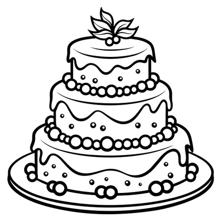 A beautifully crafted three-tiered cake featuring ornate icing, decorative pearls, and a charming topping, perfect for any celebration.のイラスト素材