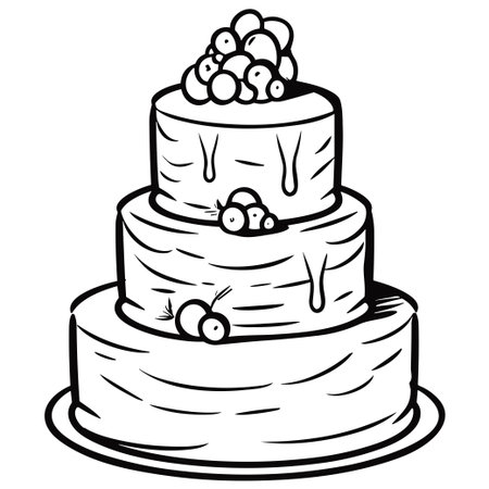 A charming hand-drawn illustration of a three-tiered cake adorned with berries and cherries, ideal for celebrations and festive events.のイラスト素材