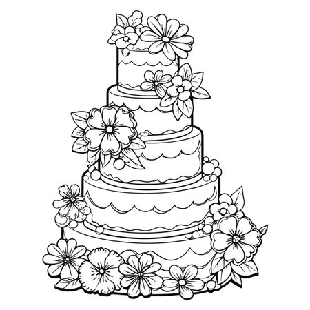 Beautiful black and white illustration of a four-tier wedding cake adorned with stunning flowers, perfect for coloring enthusiasts and craft lovers.のイラスト素材